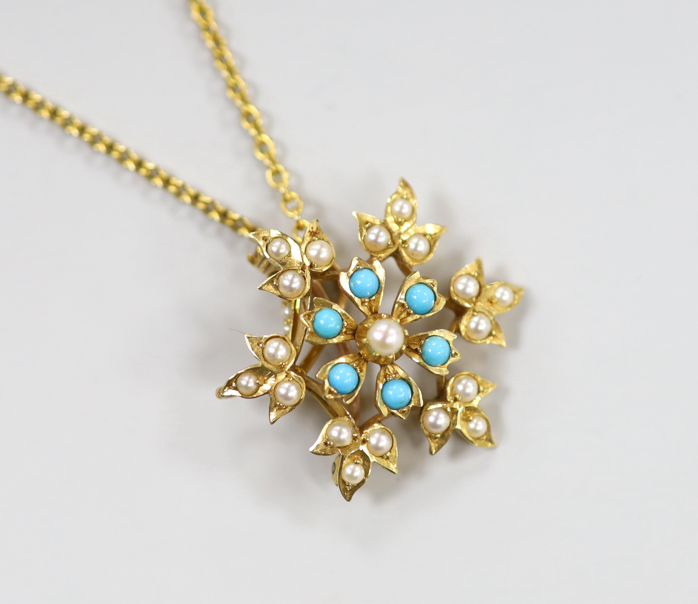 An Edwardian yellow metal, turquoise and seed pearl set flower head pendant brooch, overall 36mm, on a 9ct chain, gross weight 7.4 grams.